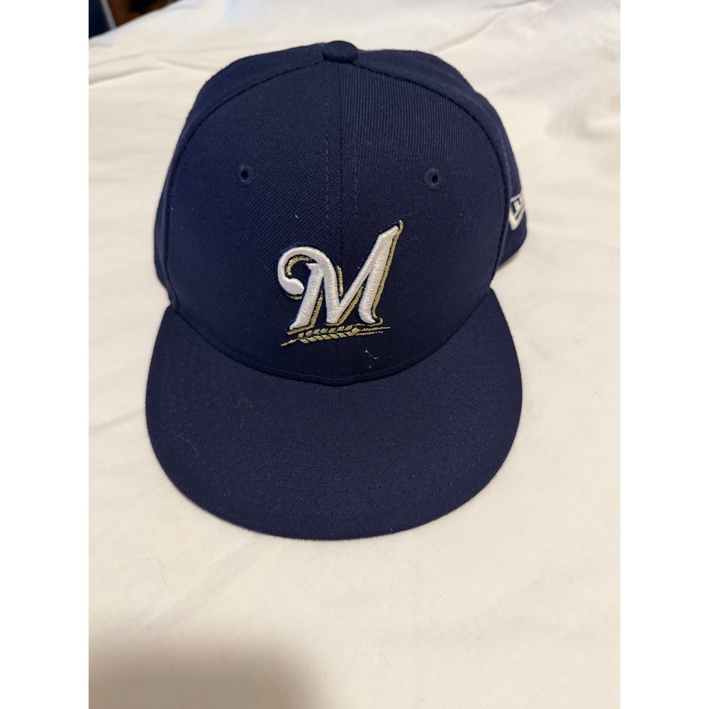 New Era 59FIFTY Milwaukee Brewers Fitted Hat Navy Blue MLB Cap Size 6 5/8 53cm